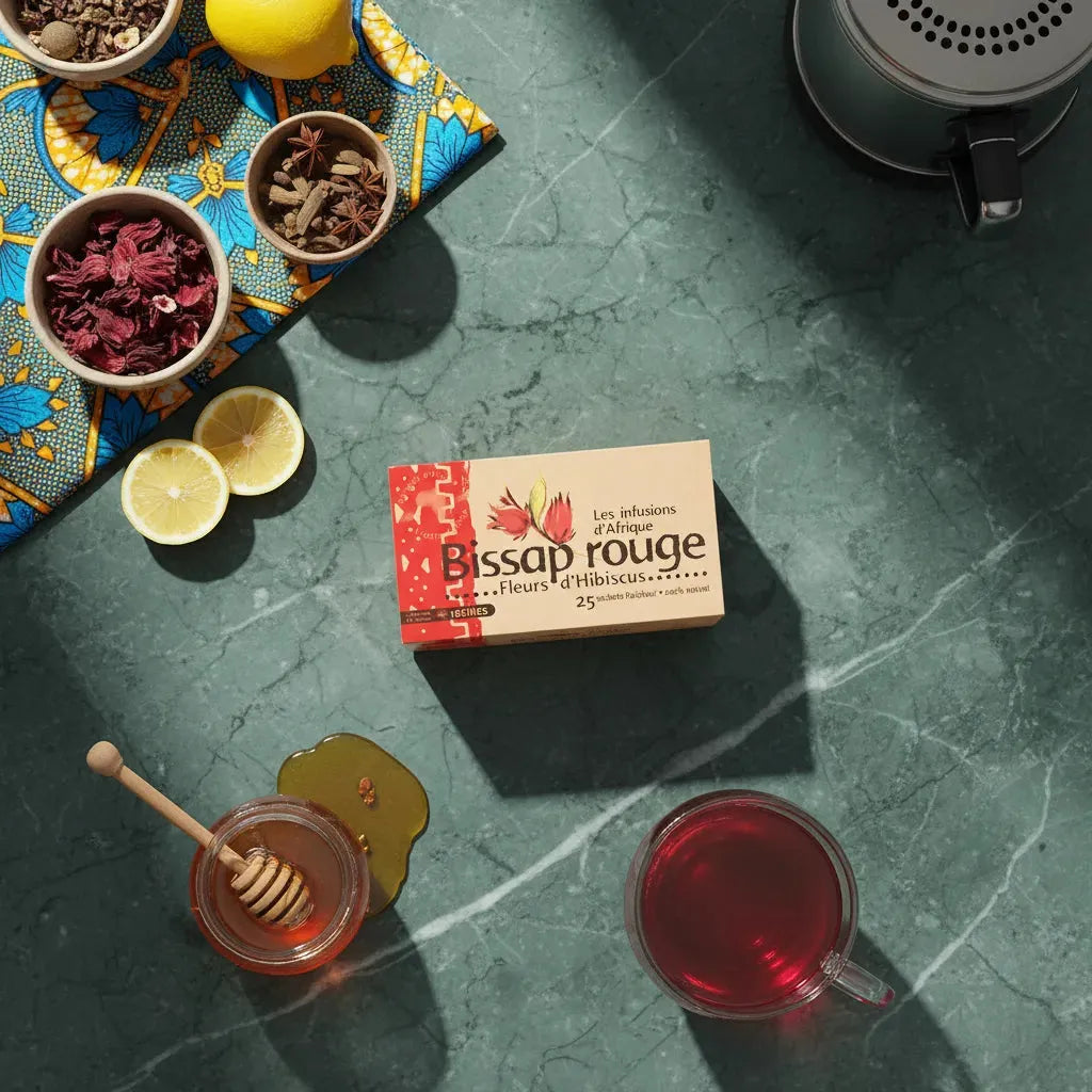 Infusion Bissap Hibiscus RACINES servie chaude avec citron, miel et fleurs d'hibiscus, mise en scène sur table verte pour boisson bien-être.