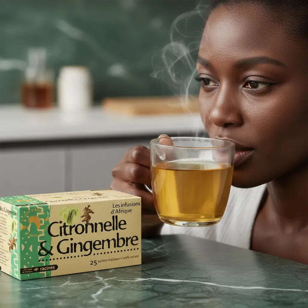 Femme dégustant une tasse d'infusion citronnelle gingembre RACINES, moment de détente avec boisson chaude naturelle et bienfaisante.