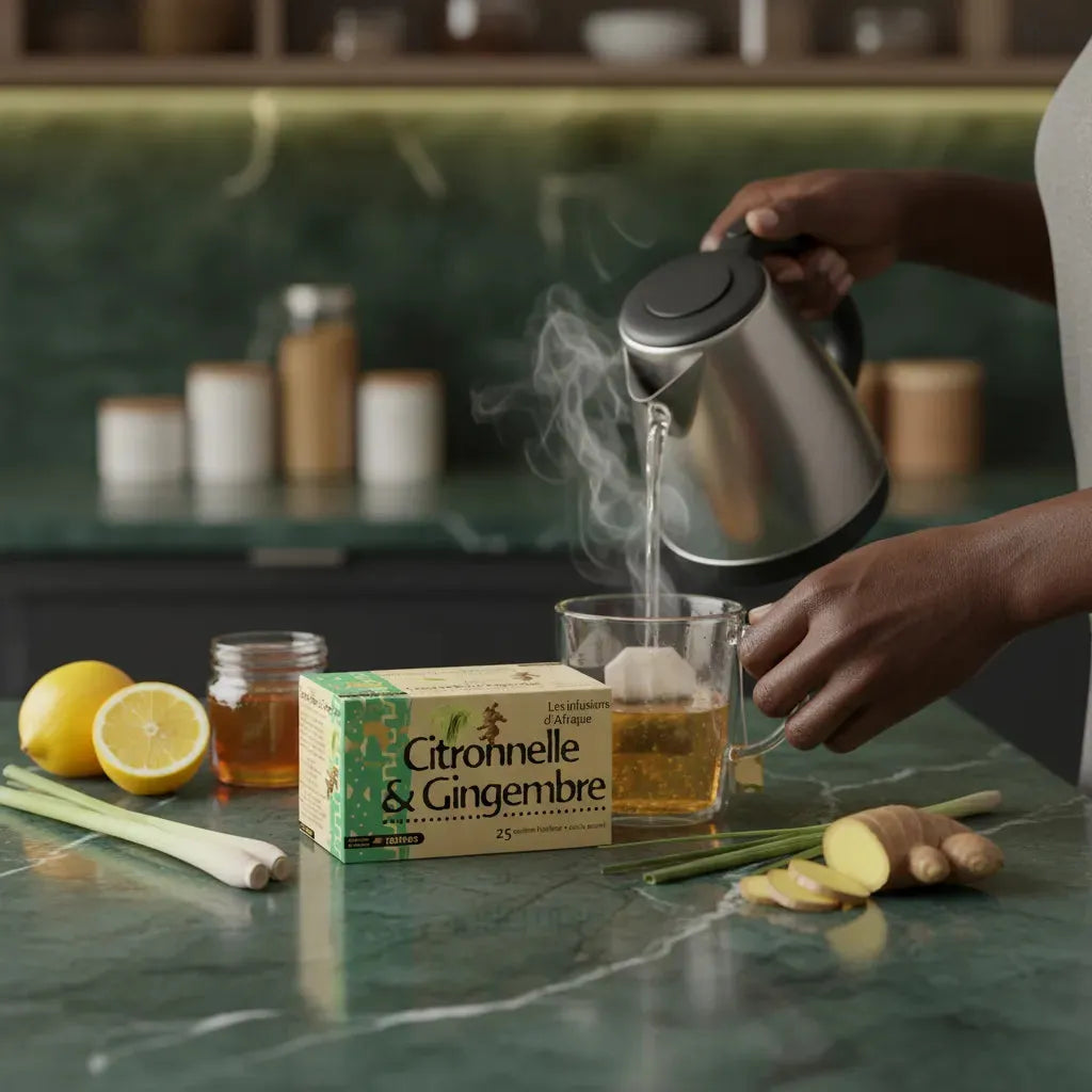 Préparation d'une infusion RACINES citronnelle gingembre avec eau chaude, citron, gingembre frais et citronnelle sur plan de travail.