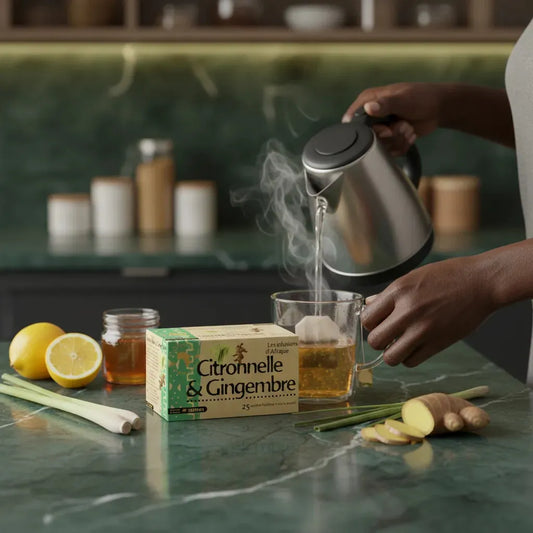 Préparation d'une infusion RACINES citronnelle gingembre avec eau chaude, citron, gingembre frais et citronnelle sur plan de travail.