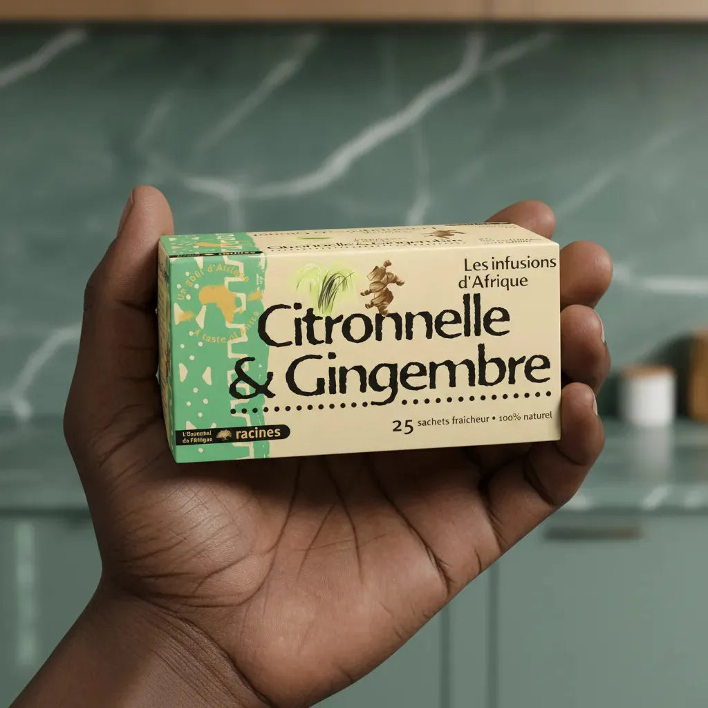 Main tenant une boîte d'infusion RACINES citronnelle gingembre, format compact, idéale pour une consommation quotidienne bien-être.