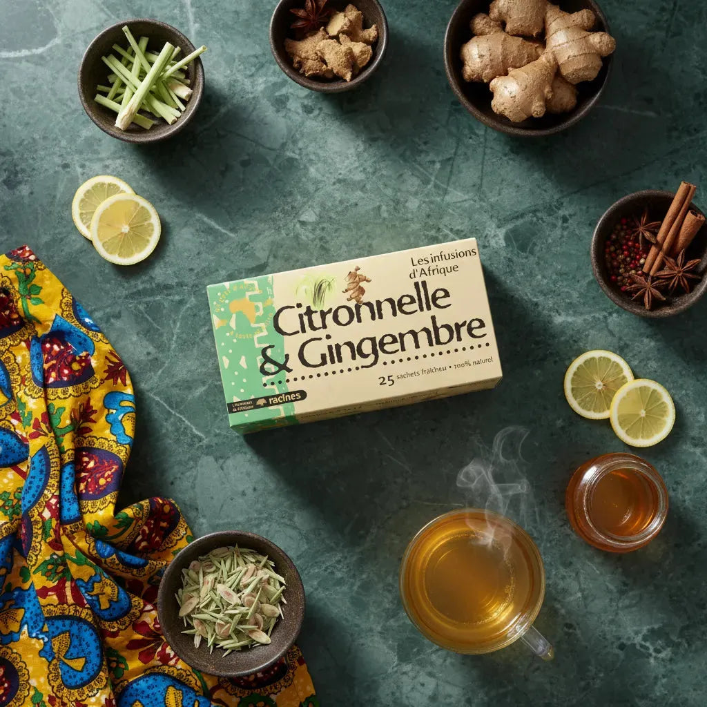 Infusion Citronnelle Gingembre RACINES entourée d'ingrédients naturels comme citron, gingembre et citronnelle sur fond vert élégant.