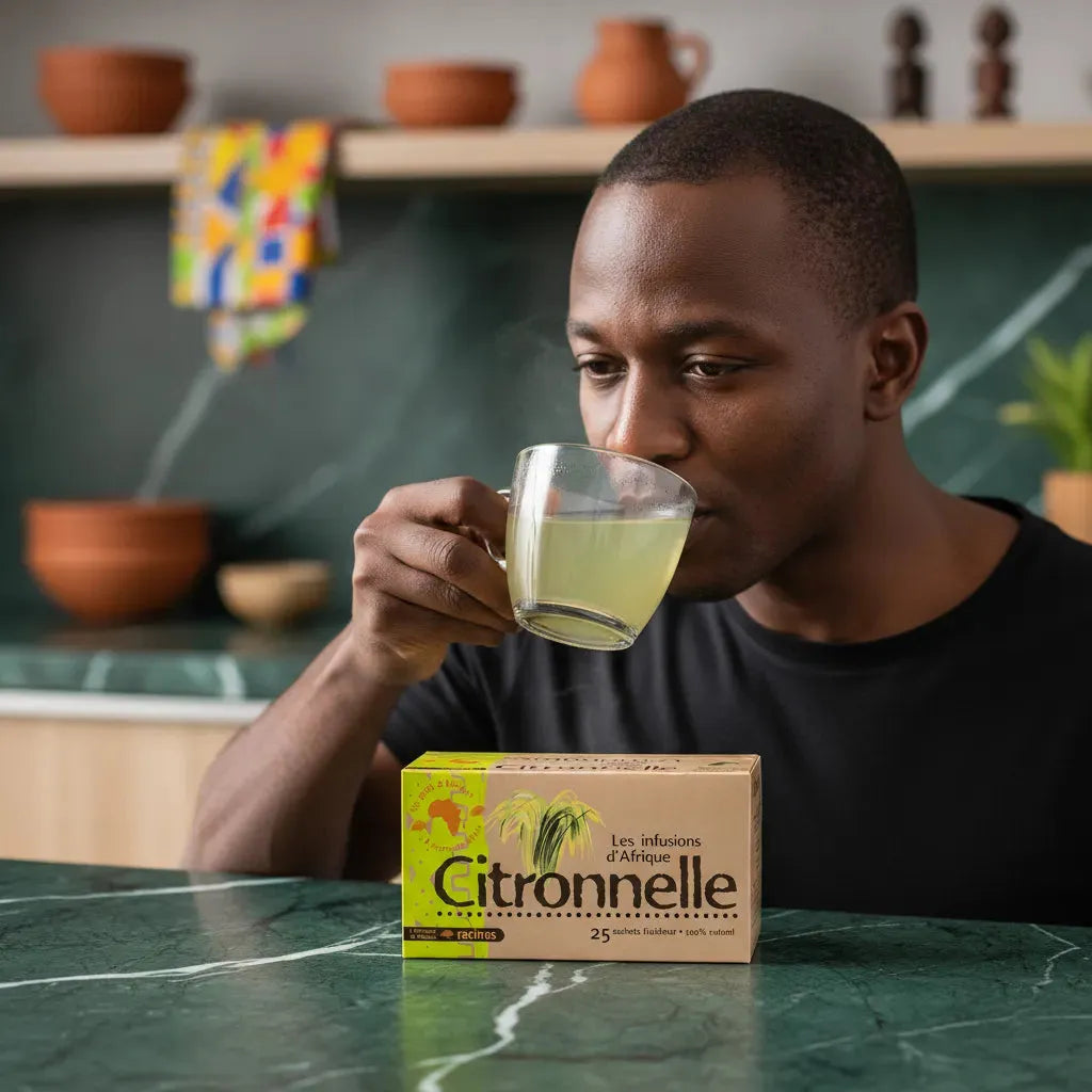 Homme dégustant une tasse d'Infusion Citronnelle RACINES, thé africain naturel à la citronnelle, posé sur une table de cuisine.
