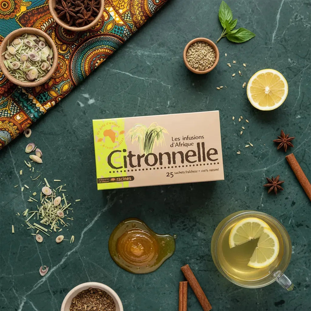 Infusion Citronnelle RACINES posée sur table verte avec citron, miel, cannelle et herbes, ambiance africaine fraîche et naturelle.