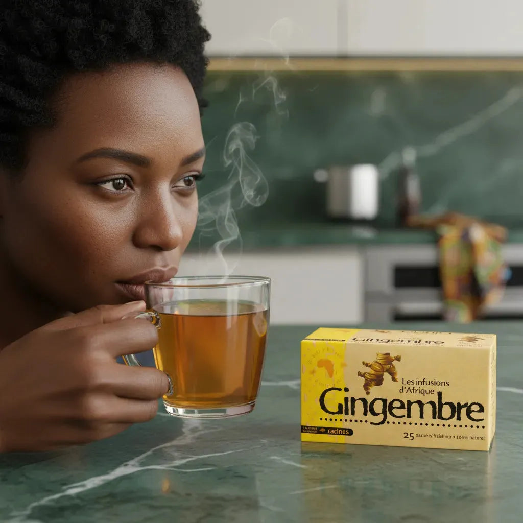 Femme dégustant une tasse d'infusion gingembre bio RACINES dans une cuisine moderne, avec boîte de 25 sachets posée sur la table.