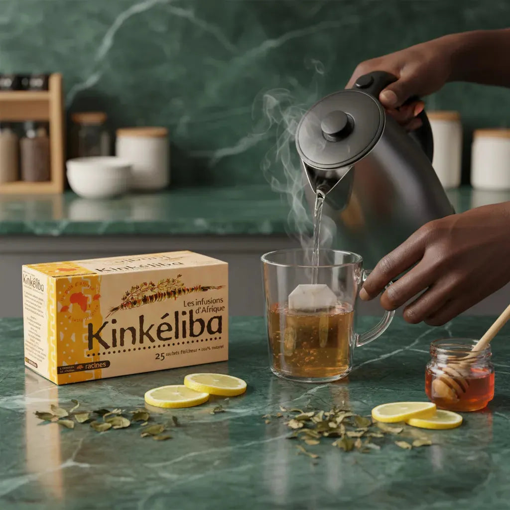 Préparation d'une infusion Kinkeliba RACINES avec eau chaude, citron et miel, boisson africaine aux saveurs délicates et rafraîchissantes.