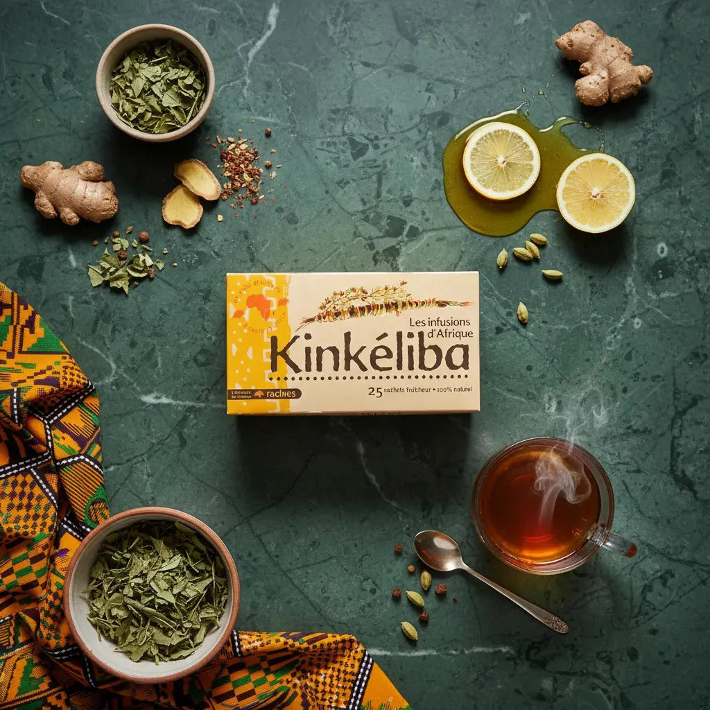 Infusion Kinkeliba RACINES entourée d'ingrédients naturels comme gingembre, citron et feuilles séchées, boisson traditionnelle d'Afrique de l'Ouest.