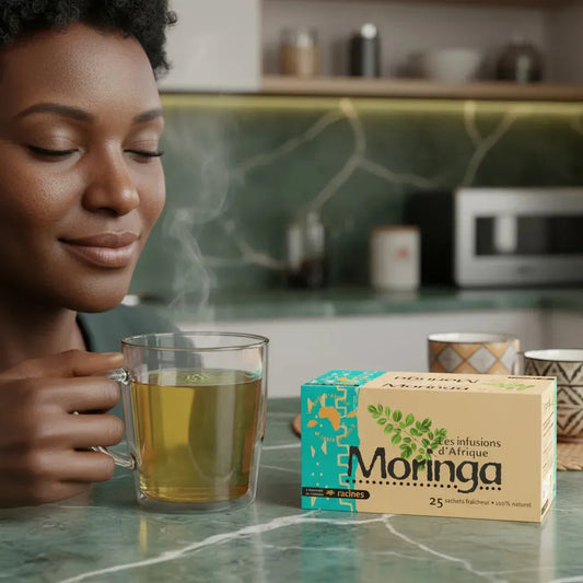 Femme savourant une tasse d'infusion Moringa RACINES, boisson bien-être aux notes sucrées et végétales issues d’Afrique.
