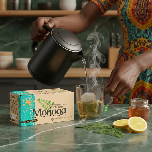 Préparation d'une infusion Moringa RACINES avec eau chaude, citron et miel, révélant les bienfaits naturels africains du moringa.