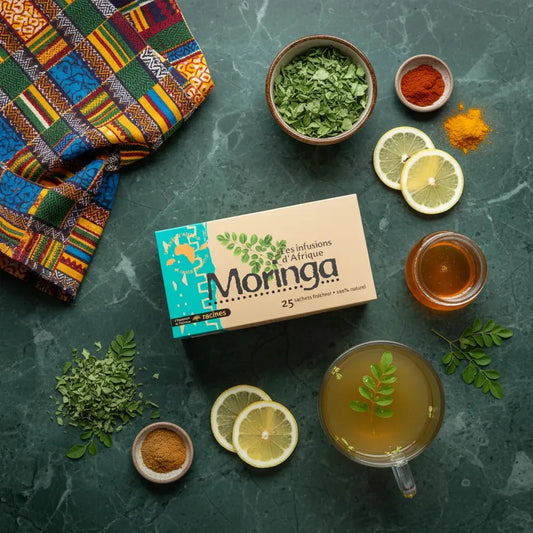Infusion Moringa Afrique RACINES présentée avec citron, miel et feuilles séchées sur fond vert, idéale pour une pause bien-être naturelle.