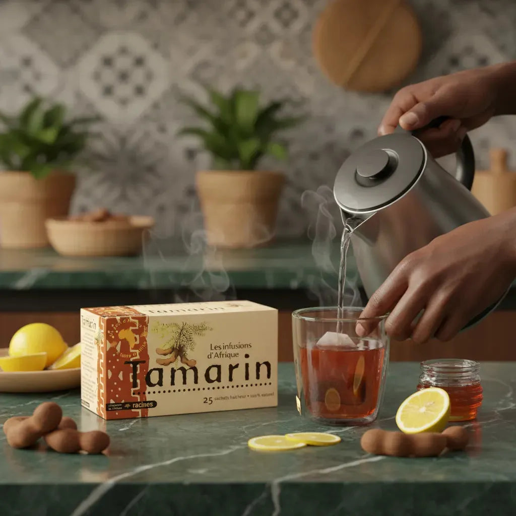 Préparation d'une infusion tamarin RACINES avec eau chaude, citron et miel, boisson chaude africaine aux saveurs authentiques.