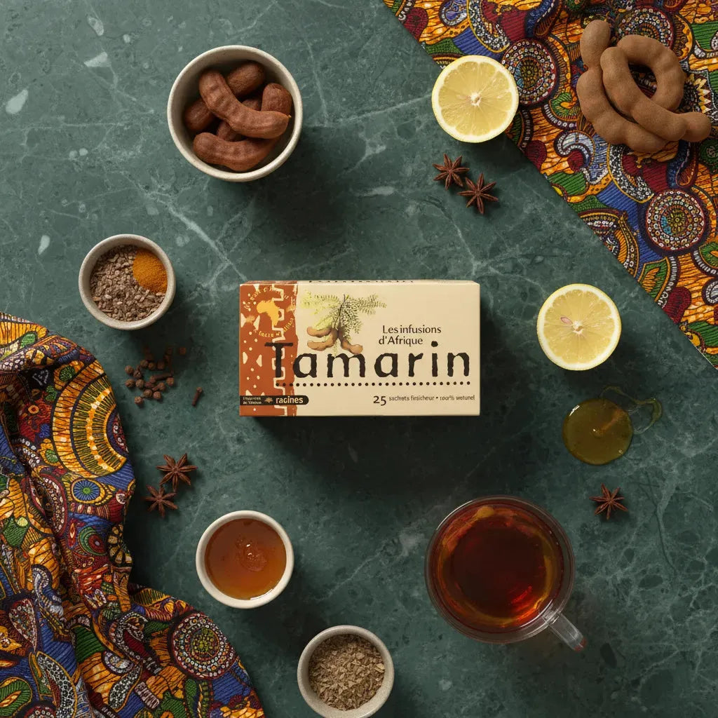 Infusion RACINES tamarin d'Afrique présentée avec ingrédients naturels sur fond vert, boisson tropicale dans la catégorie infusions.