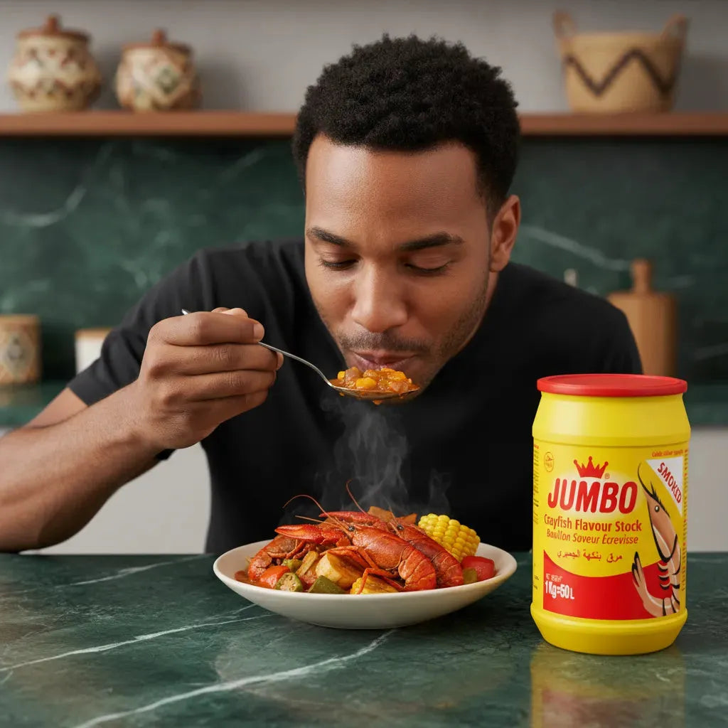Homme dégustant un plat de fruits de mer préparé avec bouillon crevette fumée JUMBO, saveur riche et authentique.