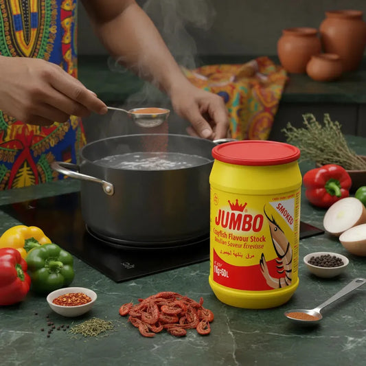 Utilisation du bouillon crevette fumée JUMBO dans une casserole avec légumes frais, idéal pour plats savoureux et épicés.