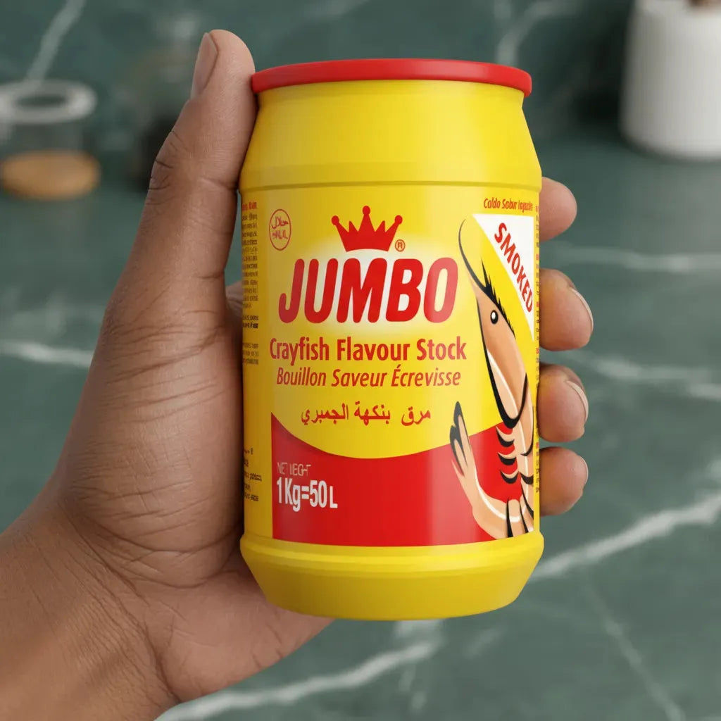 Pot de bouillon crevette fumée JUMBO tenu à la main, format pratique 1kg pour cuisine maison et professionnelle.
