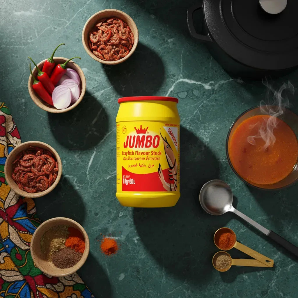 Pot de bouillon crevette fumée JUMBO entouré d’ingrédients frais et épices, parfait pour rehausser soupes et sauces.