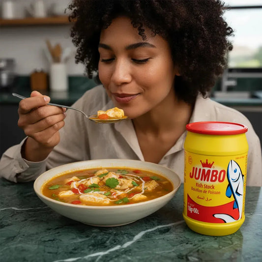 Femme dégustant une soupe préparée avec le Bouillon de poisson JUMBO. Saveurs marines riches pour plats de poisson savoureux.