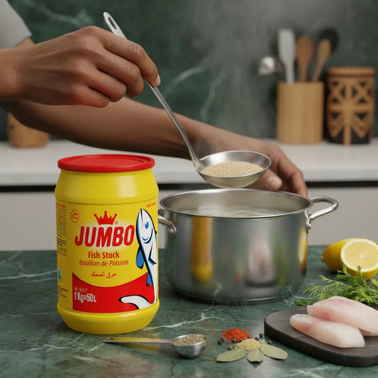 Préparation d'une soupe avec le Bouillon de poisson JUMBO versé dans une casserole. Produit d'épicerie salée pour cuisine authentique.