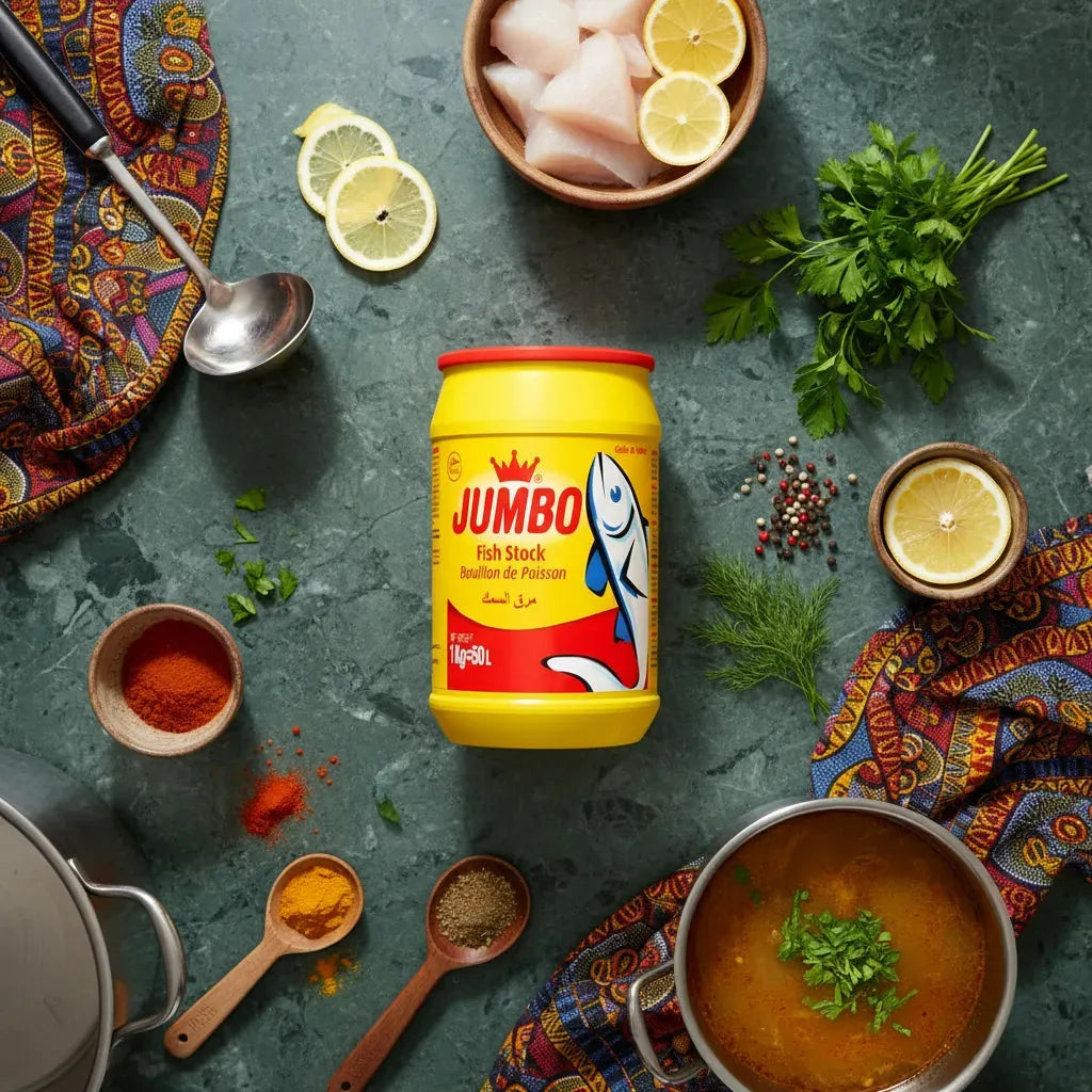 Pot de Bouillon de poisson JUMBO entouré d'ingrédients frais sur table de cuisine. Parfait pour recettes de soupes et sauces maison.