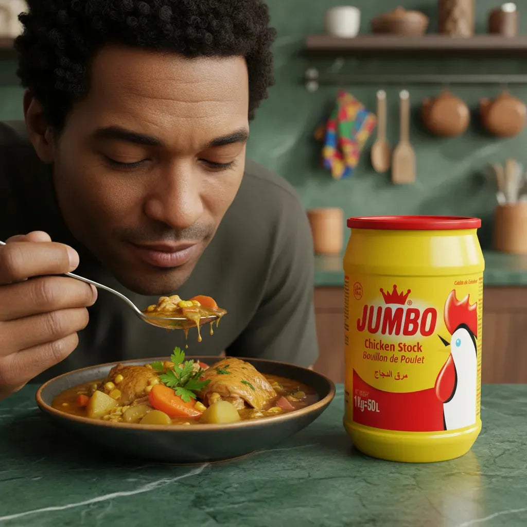 Homme dégustant un plat cuisiné avec le bouillon de poulet JUMBO 1kg, saveur authentique de volaille. Produit phare en épicerie salée.