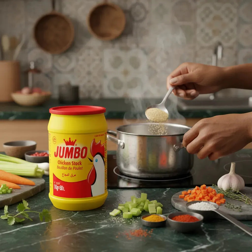 Préparation culinaire avec bouillon de poulet JUMBO 1kg, légumes frais et épices, parfait pour des recettes savoureuses. Catégorie soupes et bouillons.