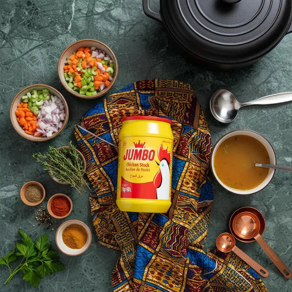 Bouillon de poulet JUMBO 1kg posé sur une table avec légumes, épices et ustensiles, idéal pour enrichir vos recettes maison. Épicerie salée.