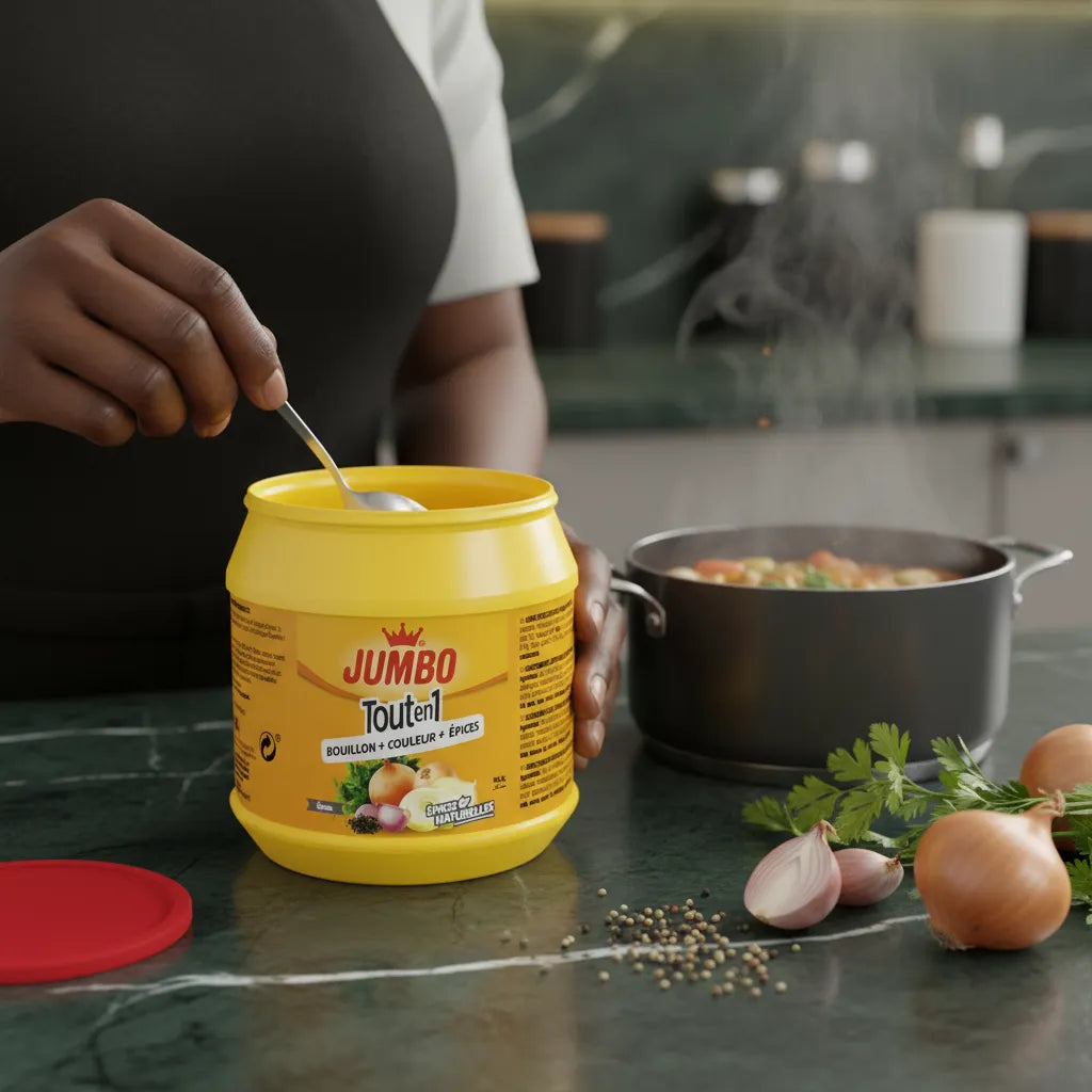 Utilisation du mélange Tout en 1 Epices JUMBO en cuisine, ajoutant saveur et couleur à un plat mijoté. Épices naturelles pour repas savoureux.