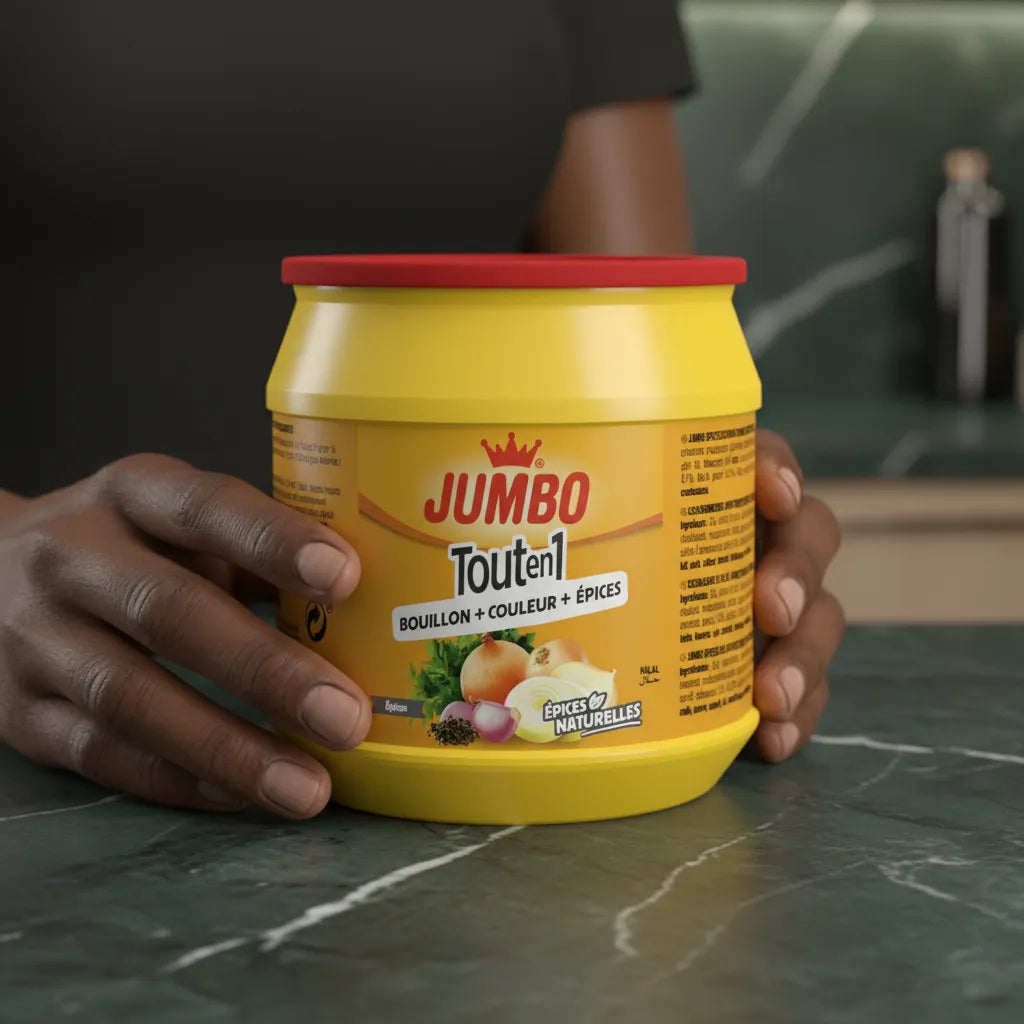 Main tenant le pot d'épices Tout en 1 JUMBO, mélange pratique pour cuisine rapide et savoureuse. Produit phare en épicerie salée.