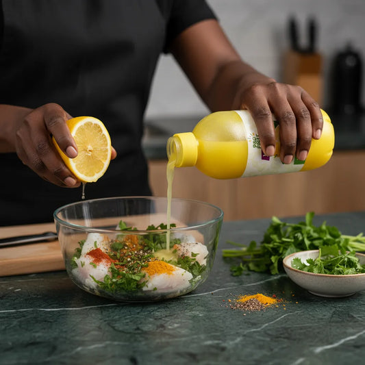 Utilisation du jus de citron concentré PROFRUIT pour assaisonner un plat de poisson frais avec herbes et épices. Parfait pour rehausser les saveurs.