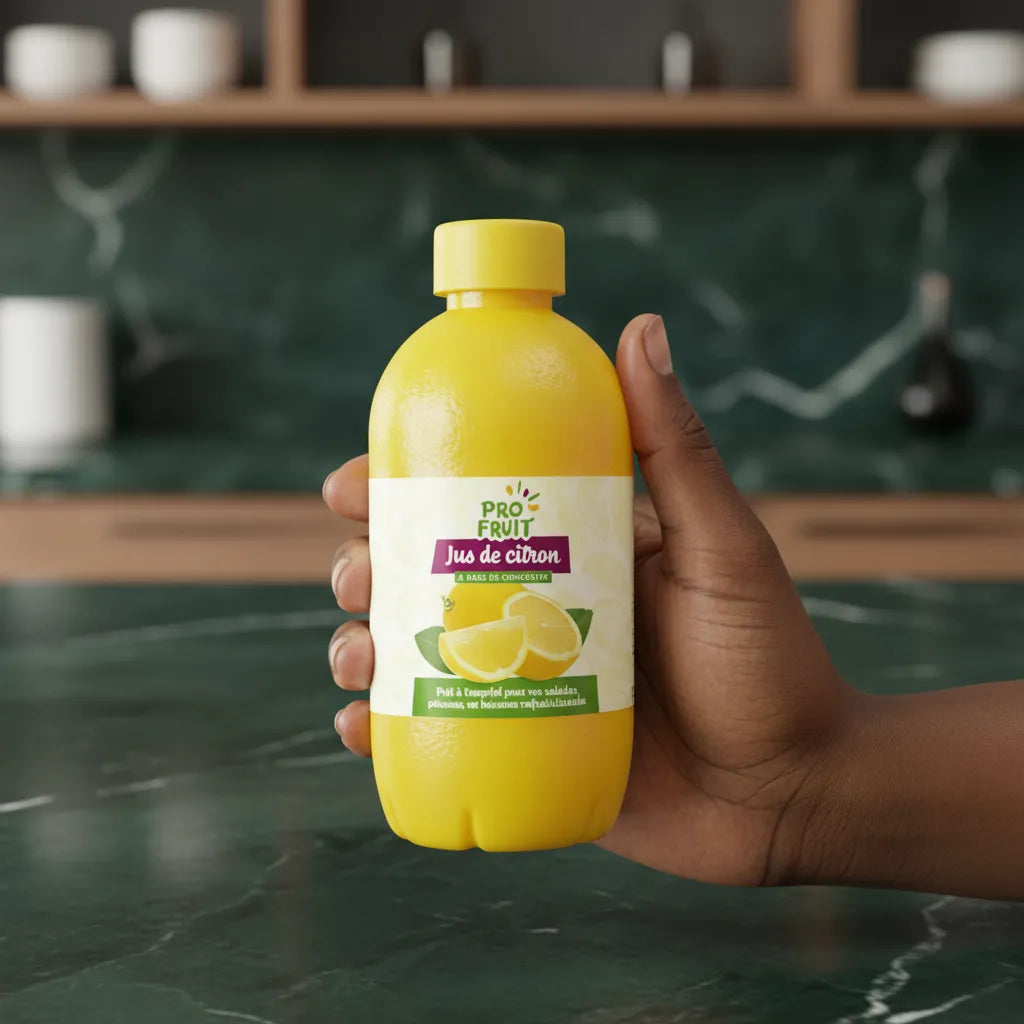 Main tenant une bouteille de jus de citron concentré PROFRUIT dans une cuisine moderne. Format pratique pour une utilisation quotidienne.