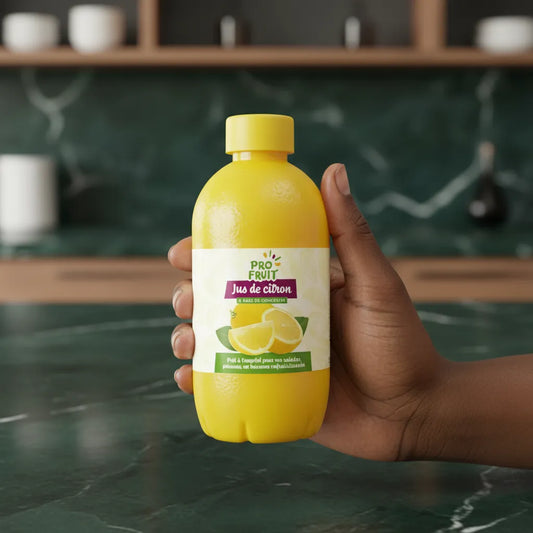 Main tenant une bouteille de jus de citron concentré PROFRUIT dans une cuisine moderne. Format pratique pour une utilisation quotidienne.
