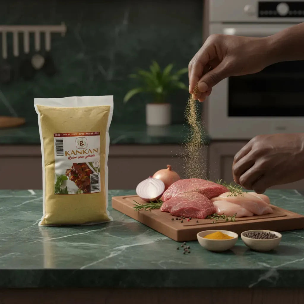 Main saupoudrant du Kankan Moulu - Épice Aromatique | Saveurs Uniques sur viandes crues, idéal pour marinades et grillades.
