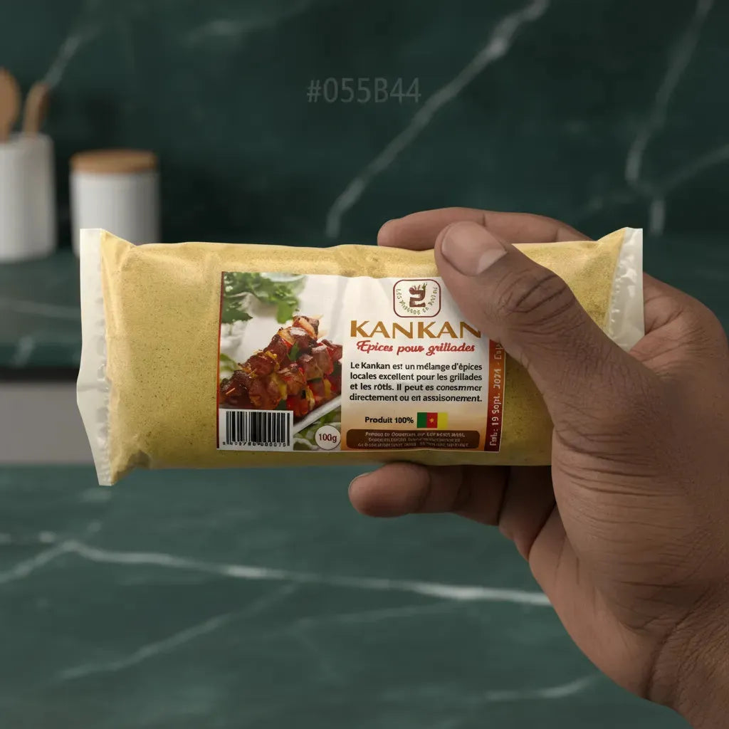 Main tenant un sachet de Kankan Moulu - Épice Aromatique | Saveurs Uniques, mélange d'épices locales pour assaisonnement savoureux.