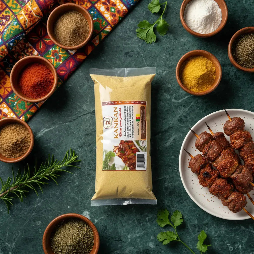 Kankan Moulu - Épice Aromatique | Saveurs Uniques entouré d'épices variées et brochettes grillées, parfait pour cuisine africaine.