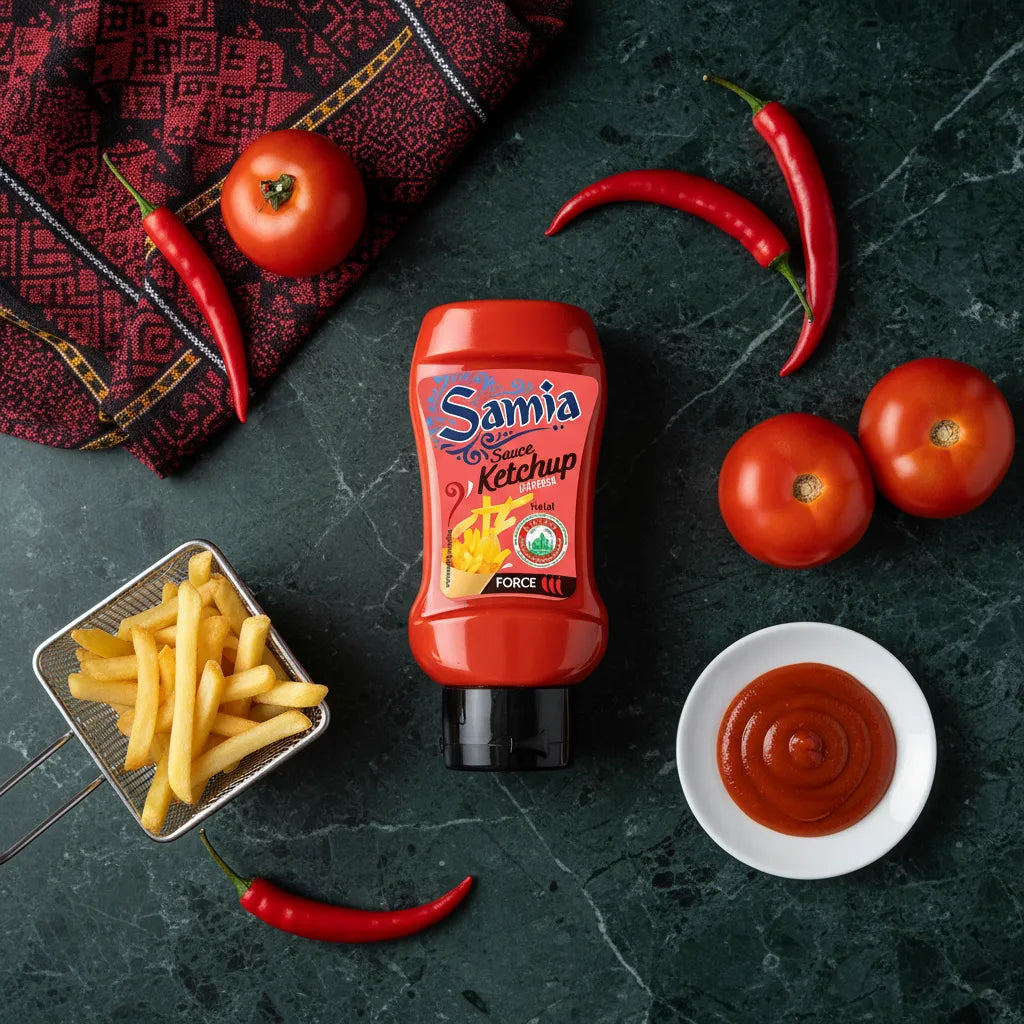 Bouteille de Sauce Harissa Halal SAMIA entourée de tomates, piments rouges et frites, ketchup halal épicé parfait pour rehausser vos plats.