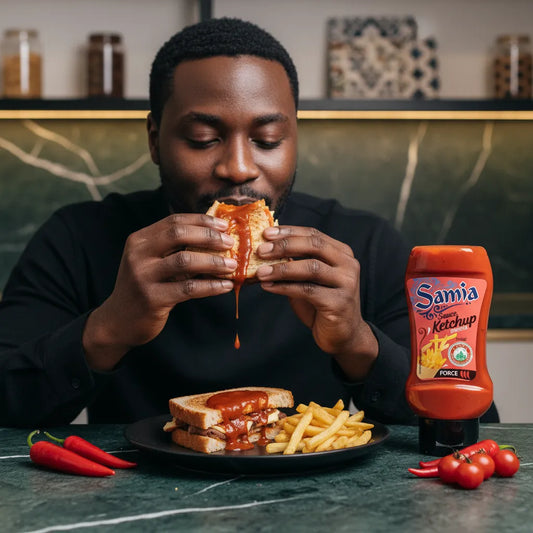 Homme dégustant un sandwich avec la Sauce Harissa Halal SAMIA, ketchup épicé halal servi avec frites pour une expérience culinaire relevée.