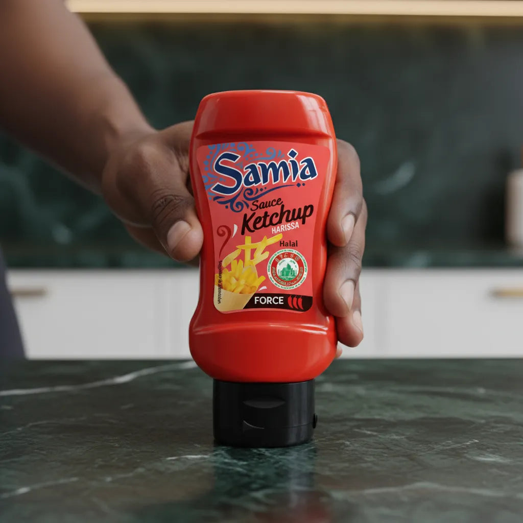 Main tenant la Sauce Harissa Halal SAMIA sur un plan de travail, ketchup halal épicé au goût unique pour condiments et accompagnements.