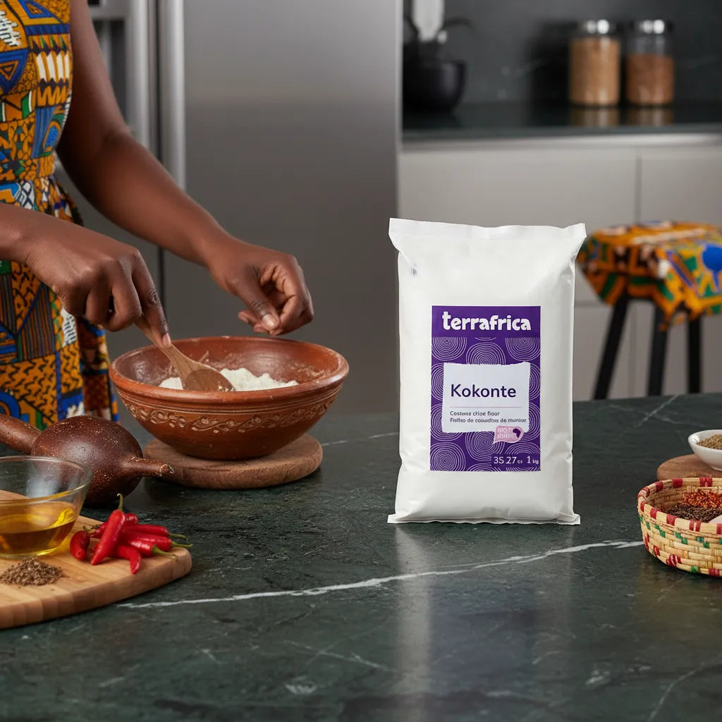 Préparation culinaire avec farine de manioc Kokonte TERRAFRICA dans une cuisine moderne. Produit épicerie salée pour pains et bouillies.