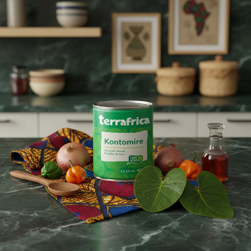 Conserve de Feuille de Taro Kontomire TERRAFRICA 400g entourée d'ingrédients frais africains, idéale pour cuisine traditionnelle bio.