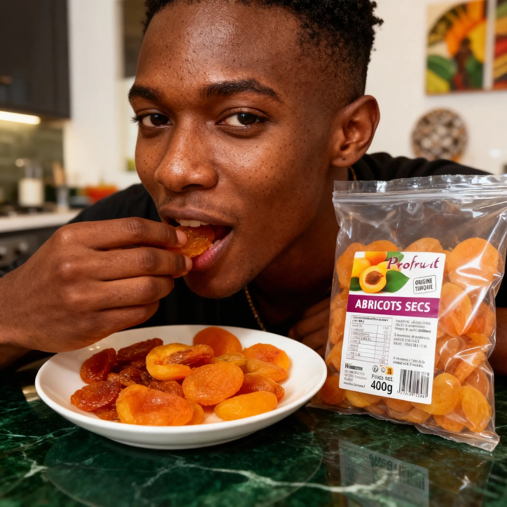 Jeune homme dégustant des abricots secs PROFRUIT dans une assiette, fruits moelleux et sucrés pour une pause gourmande équilibrée.