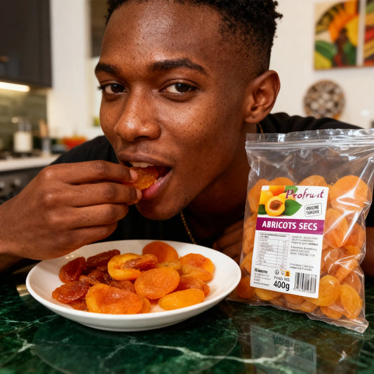 Jeune homme dégustant des abricots secs PROFRUIT dans une assiette, fruits moelleux et sucrés pour une pause gourmande équilibrée.