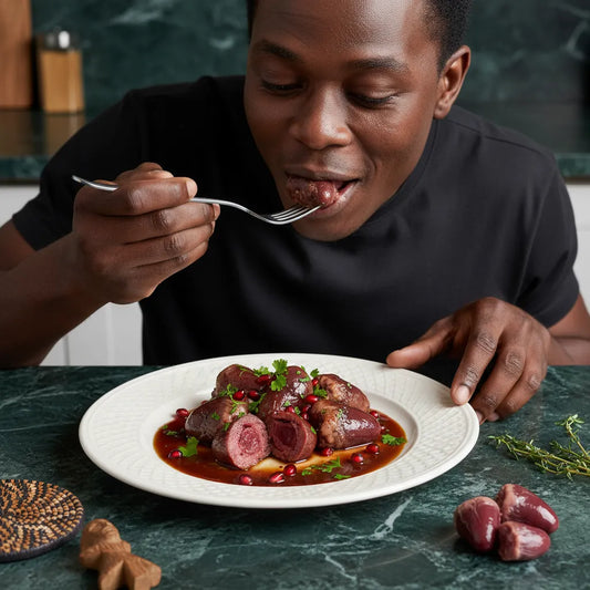 Plat cuisiné à base de cœur de dinde halal, servi avec sauce et herbes, dégusté dans un cadre convivial.