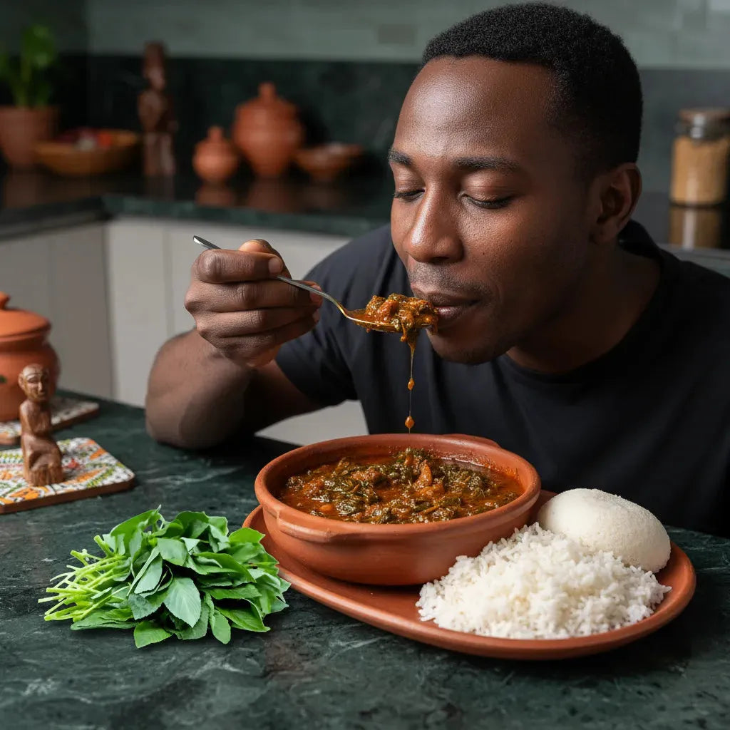 Plat traditionnel africain à base de feuille de jute Lalo Ademe, accompagné de riz et boule, parfait pour une cuisine saine et savoureuse.