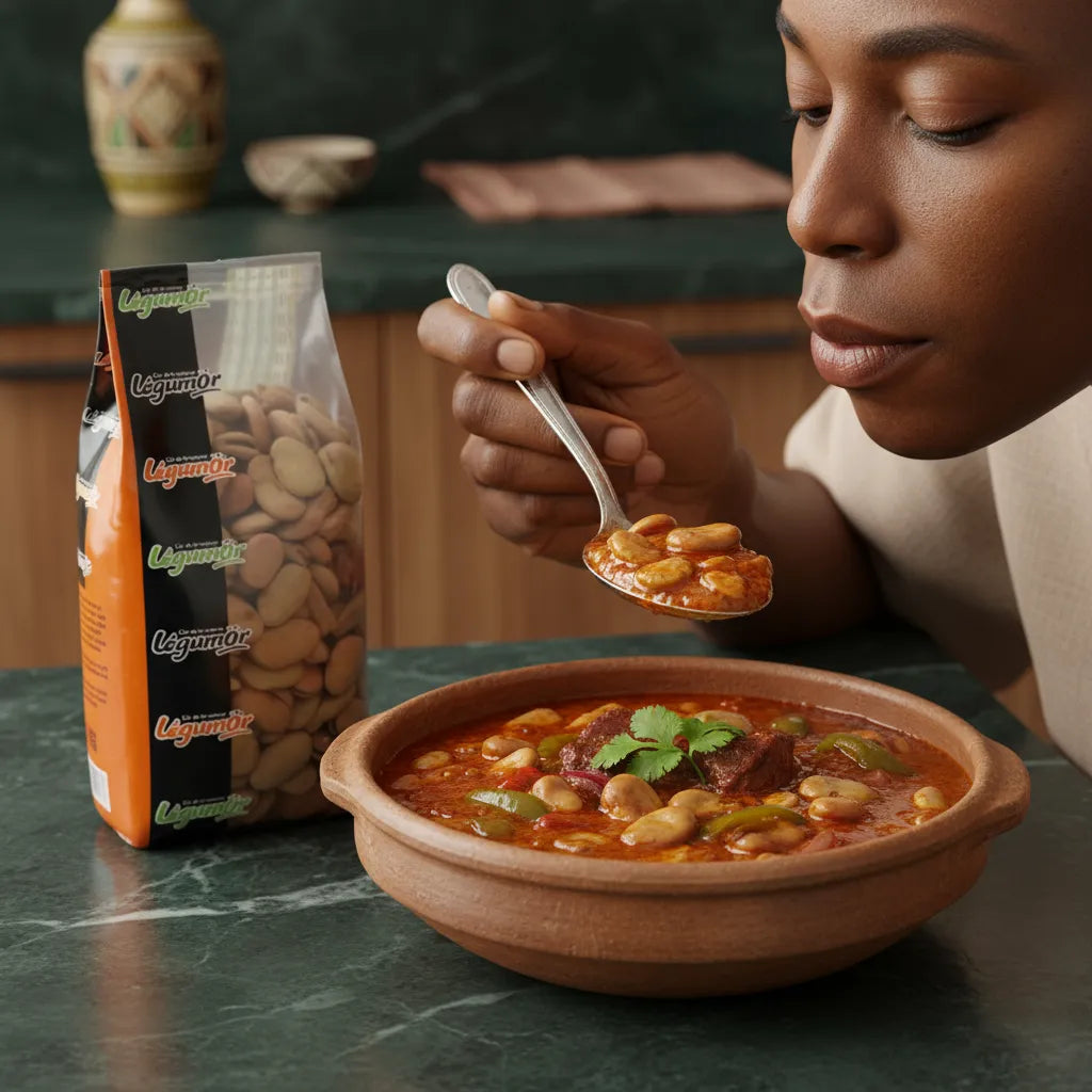 Fevettes LEGUMOR servies dans un plat mijoté, parfaites pour une cuisine savoureuse et équilibrée à base de légumes secs.