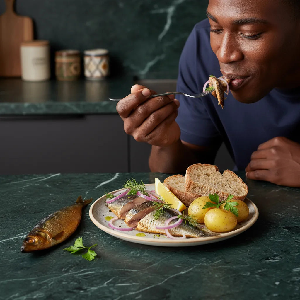 Dégustation de hareng fumé salé accompagné de pommes de terre, pain et citron. Saveur authentique et texture ferme pour un repas complet.