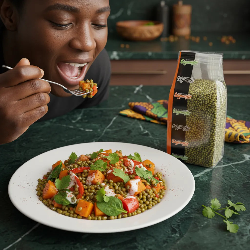 Plat cuisiné avec haricots mungo LEGUMOR sur table de cuisine, illustrant leur usage polyvalent en salades riches en fibres et protéines.