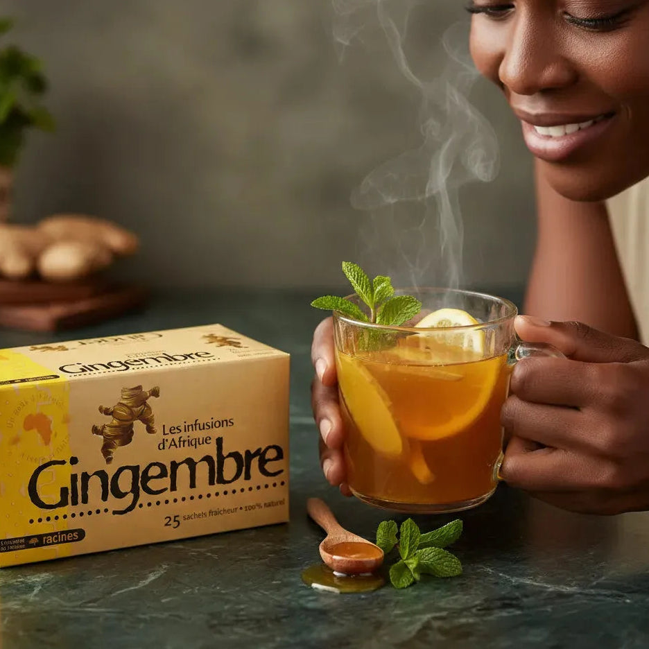 Femme dégustant une infusion gingembre Afrique RACINES avec citron, menthe et miel. Boisson chaude stimulante et naturelle.