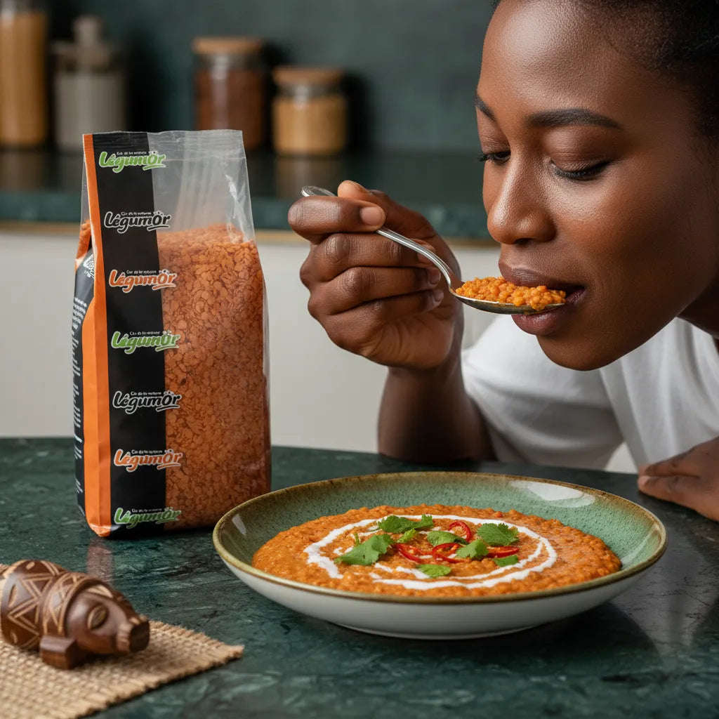 Femme dégustant une soupe de lentilles corail LEGUMOR, plat sain et rapide à base de légumineuses riches en nutriments pour cuisine équilibrée.