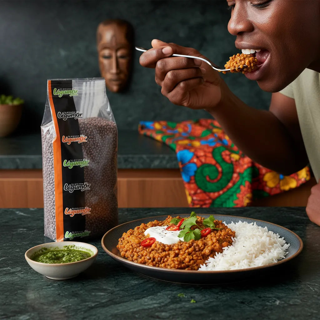 Plat cuisiné avec lentilles rouges entières LEGUMOR accompagné de riz, avec le sachet visible en arrière-plan. Idéal pour ragoûts et salades nutritives.