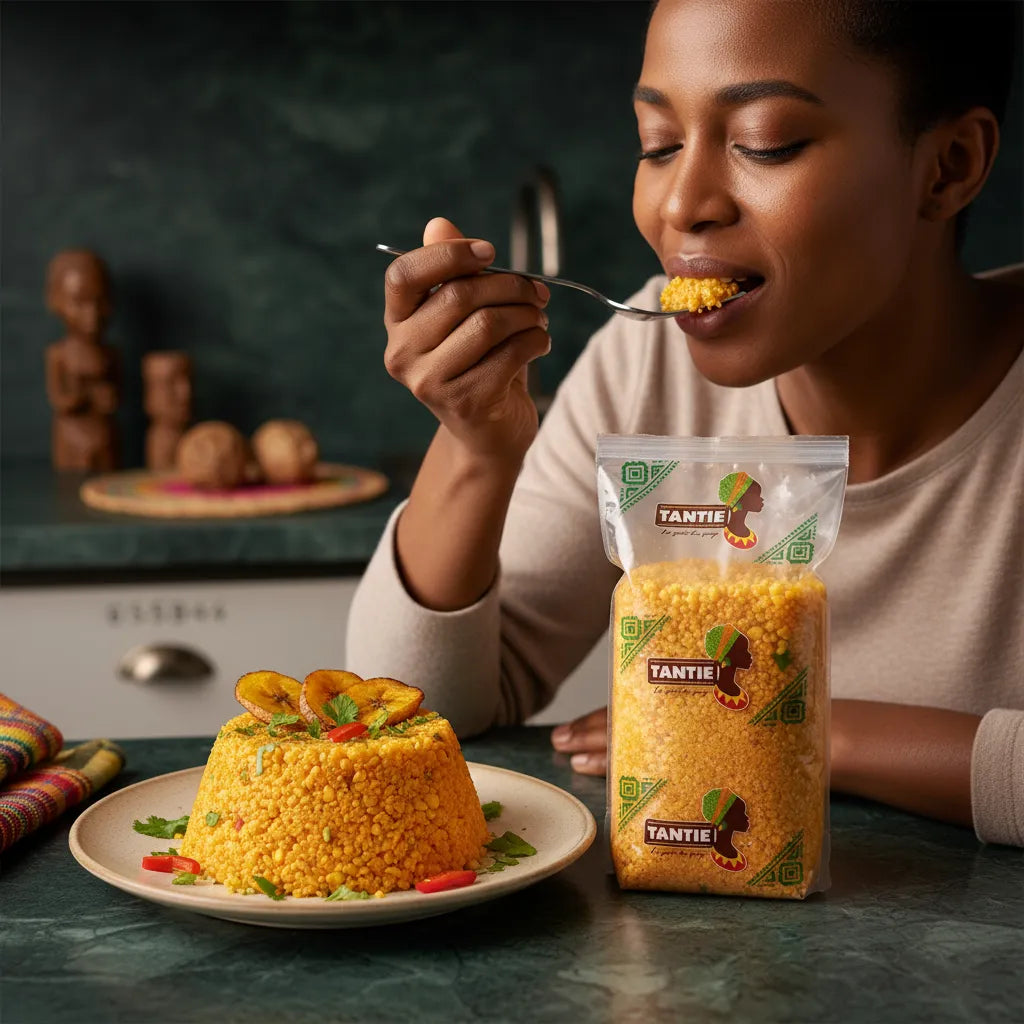 Femme dégustant un plat préparé avec le maïs broyé Haïti TANTIE, ingrédient polyvalent pour cuisine traditionnelle et moderne.
